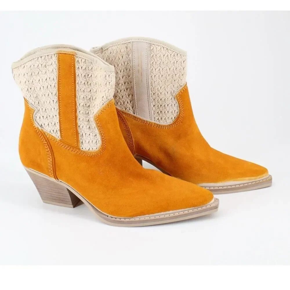 Dolce Vita Western Ankle Boots Womens 8 Orange Suede Crochet Pointed Toe